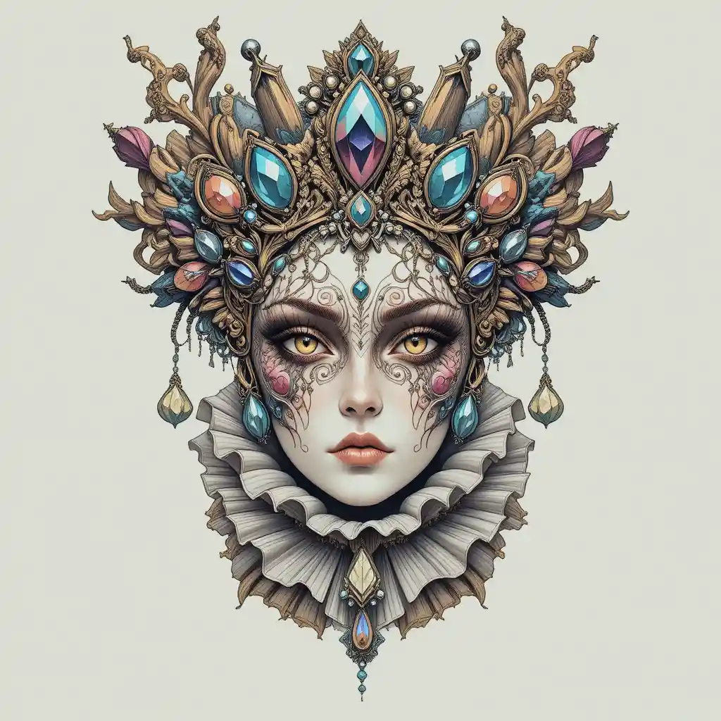 Máscara surreal enjoyada con corona ornamentada y cuello plisado