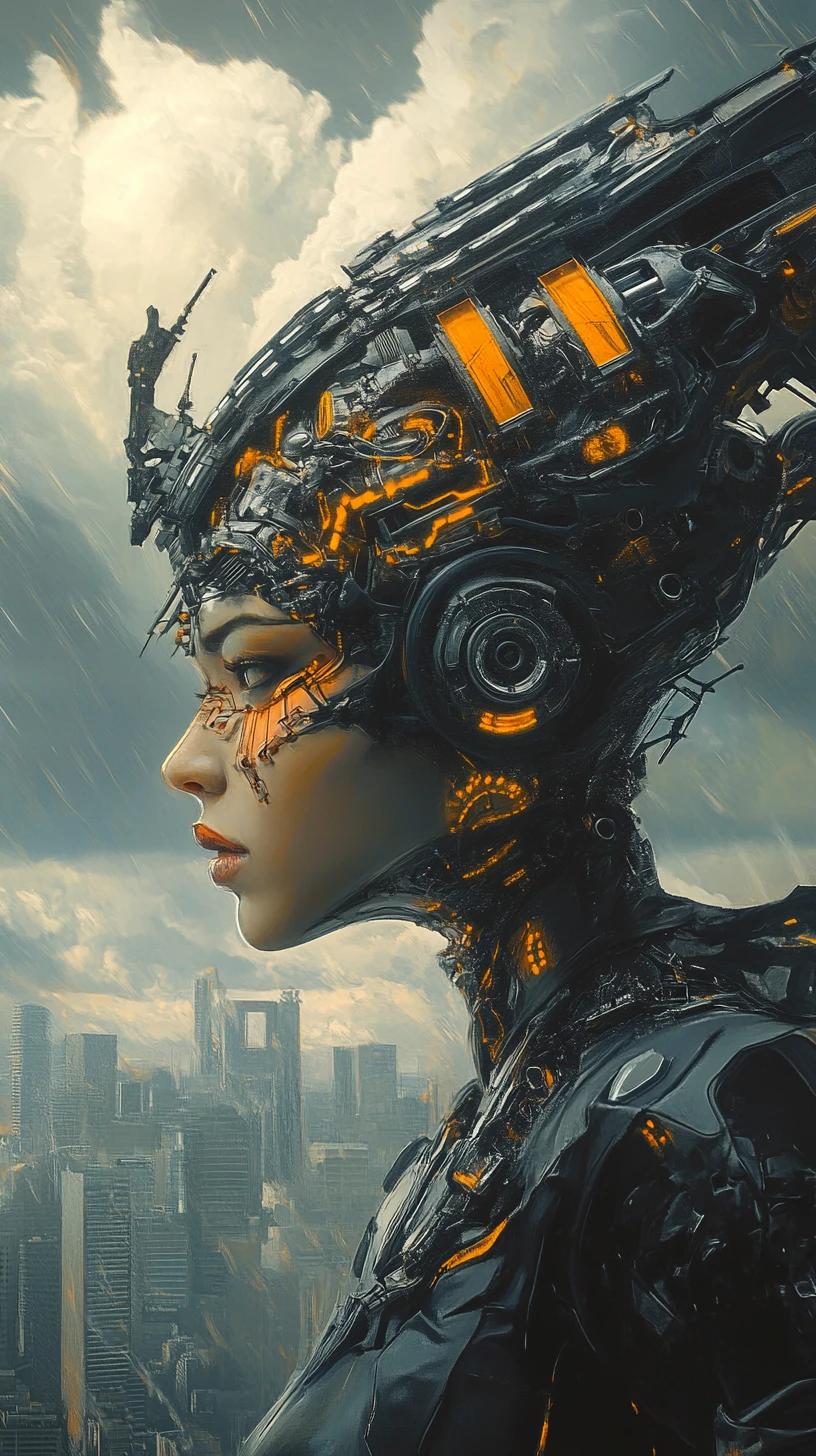 Cybernetic warrior queen above a stormy dystopian city