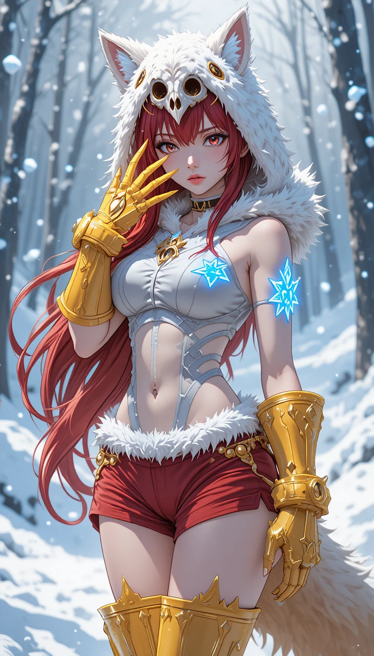 ネオンブルーのギルドマークタトゥーを持つアニメの女戦士