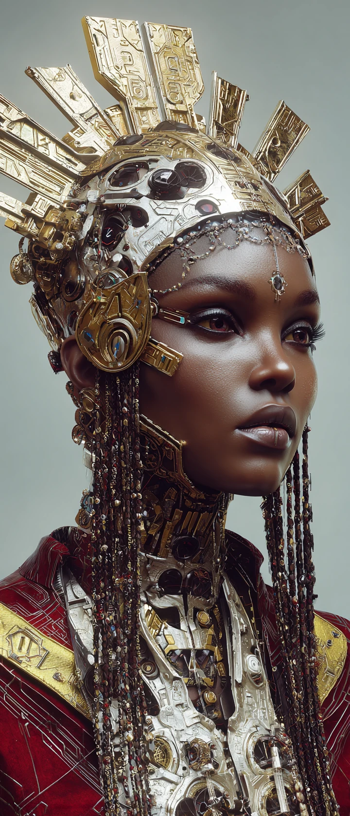 Afrofuturist cyborg queen with ornate cyberpunk headdress