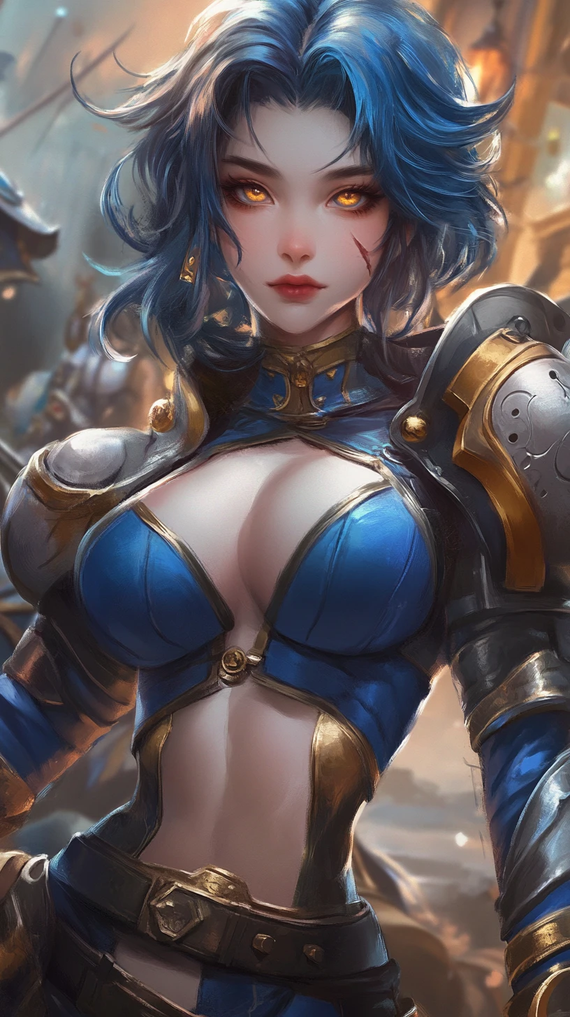 Close up of tattooed warrior woman with golden blue eyes
