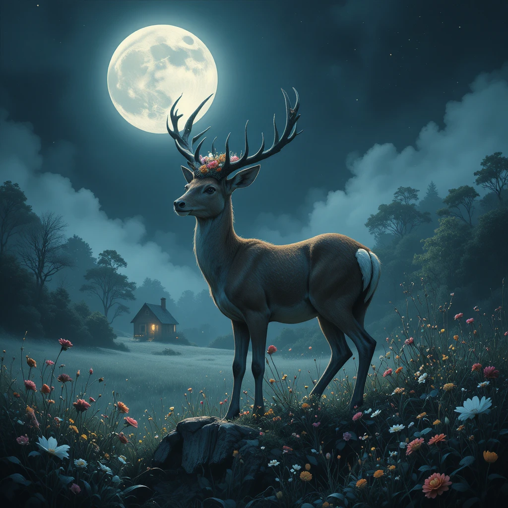 Deer With Flower Crown In Moonlit Forest Clearing