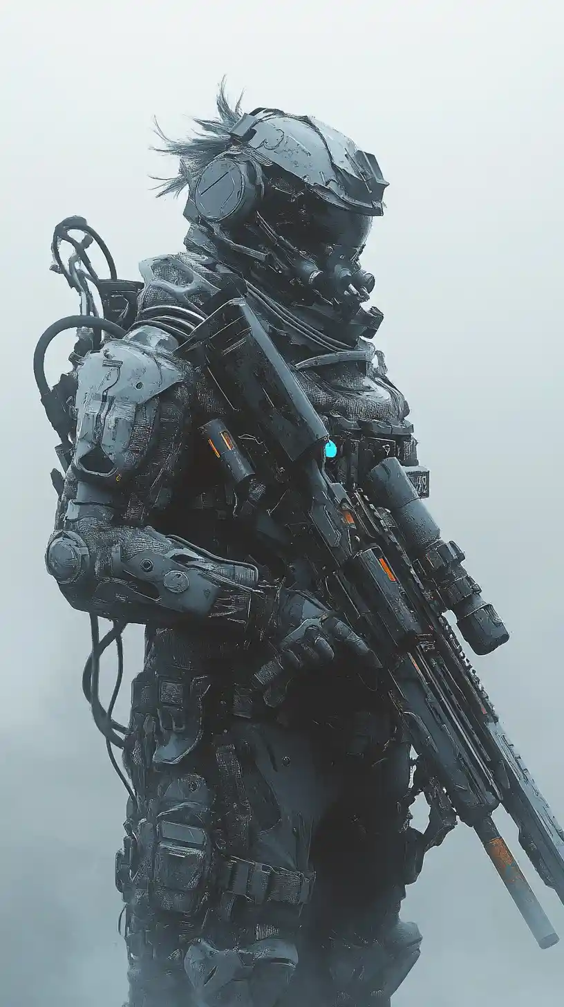 Soldato sci‑fi corazzato con arma pesante in un campo di battaglia nebbioso