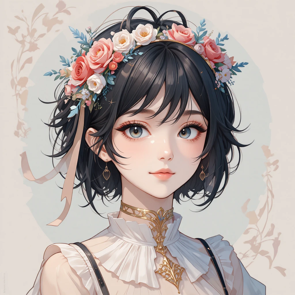 Floral headband anime girl portrait with gentle smile