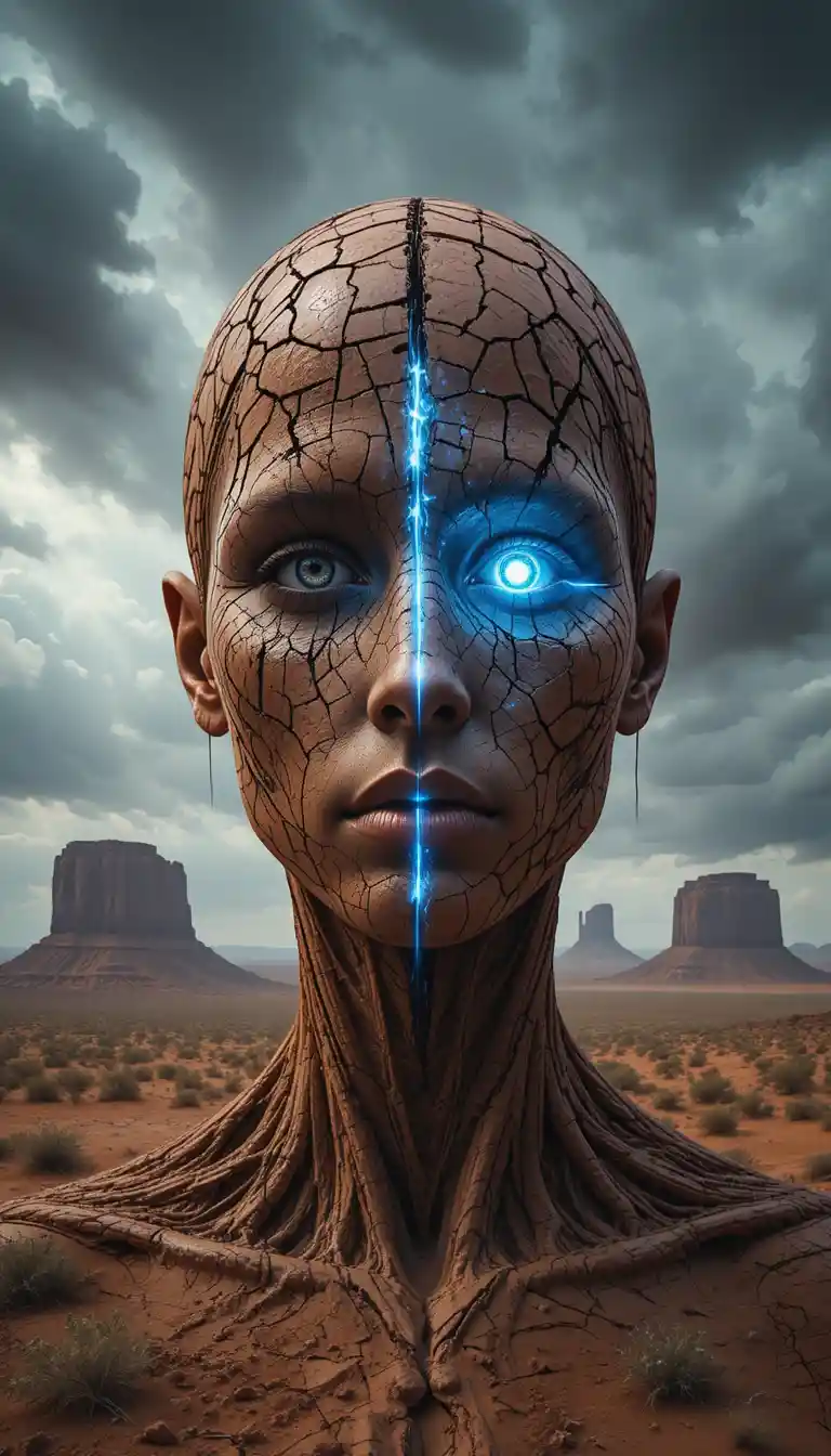 Surreal cracked human face in a stormy desert landscape