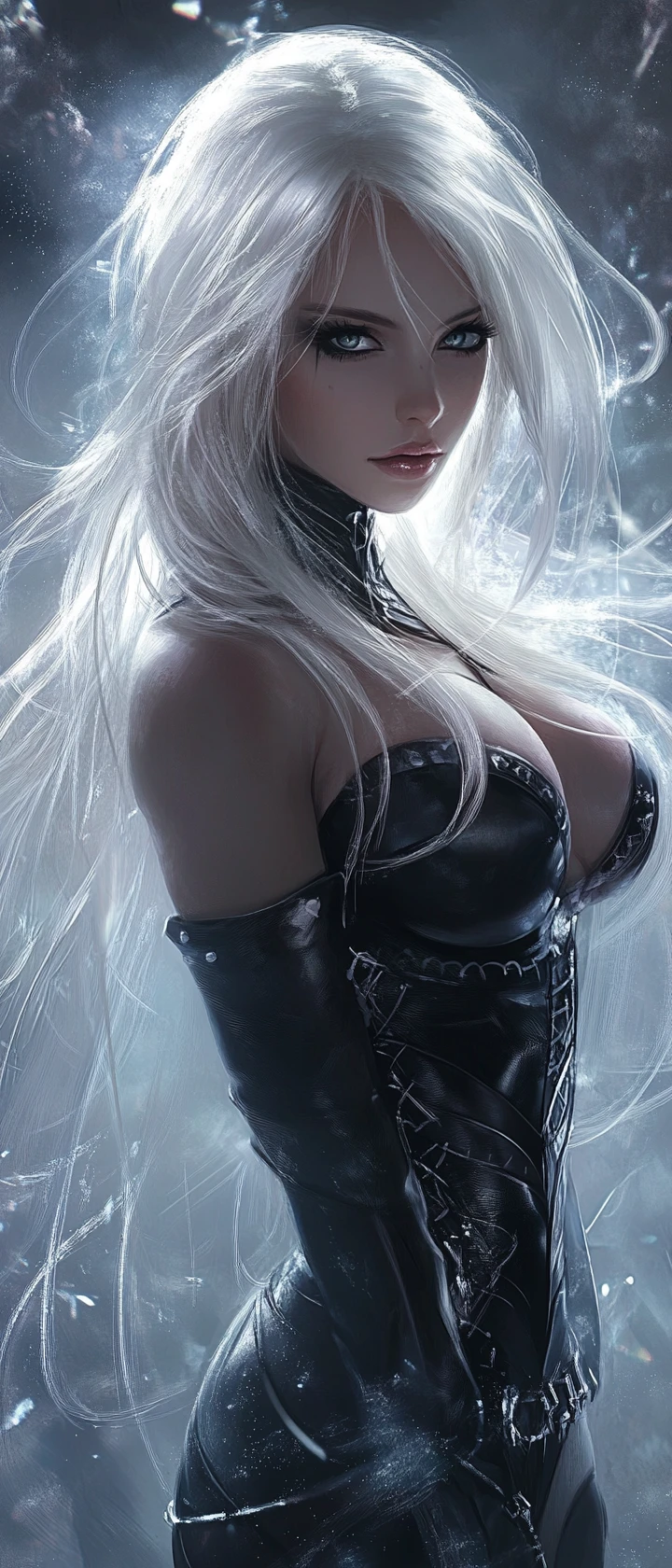 Anime amazon warrior in black leather corset and mist
