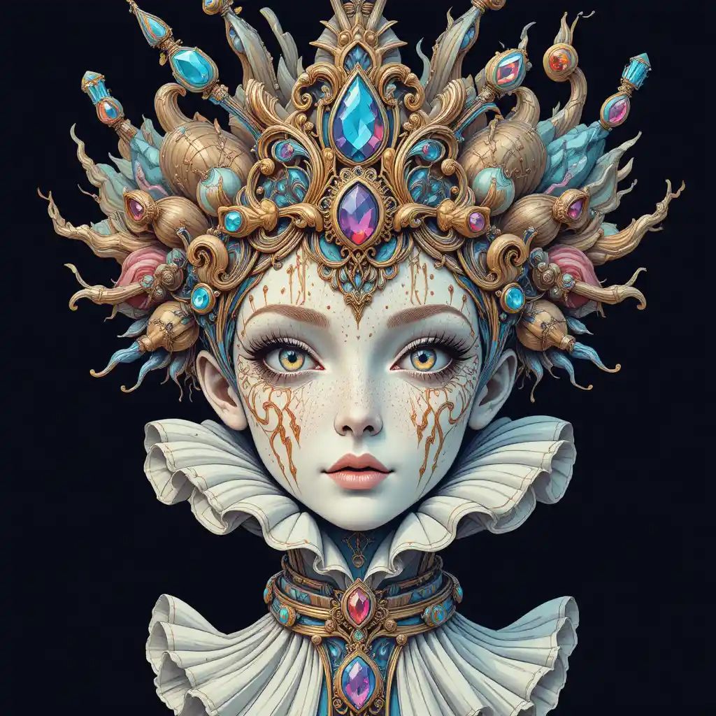 Máscara surreal enjoyada con corona ornamentada y cuello plisado