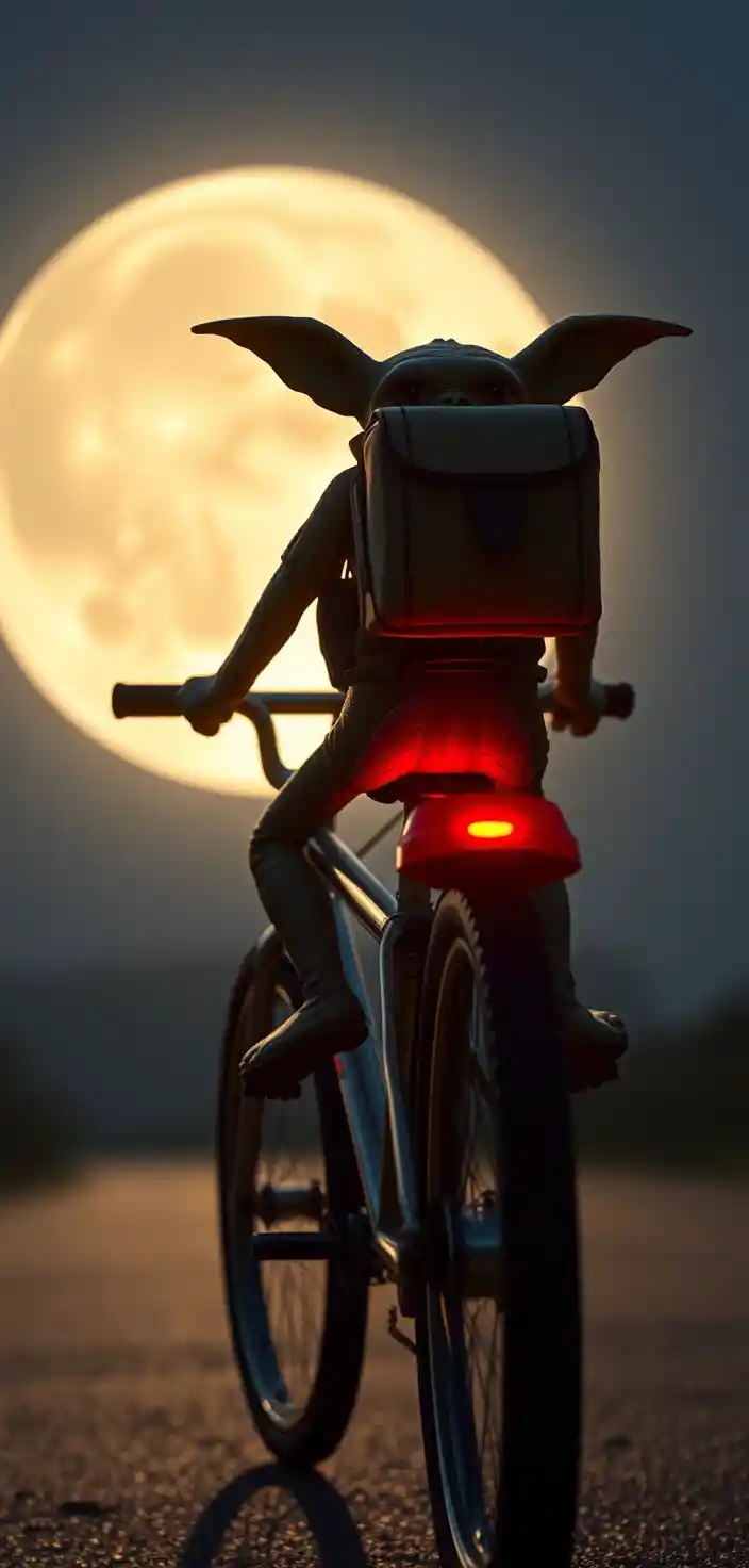 Silueta cinematográfica de BMX volando por el cielo nocturno iluminado por la luna