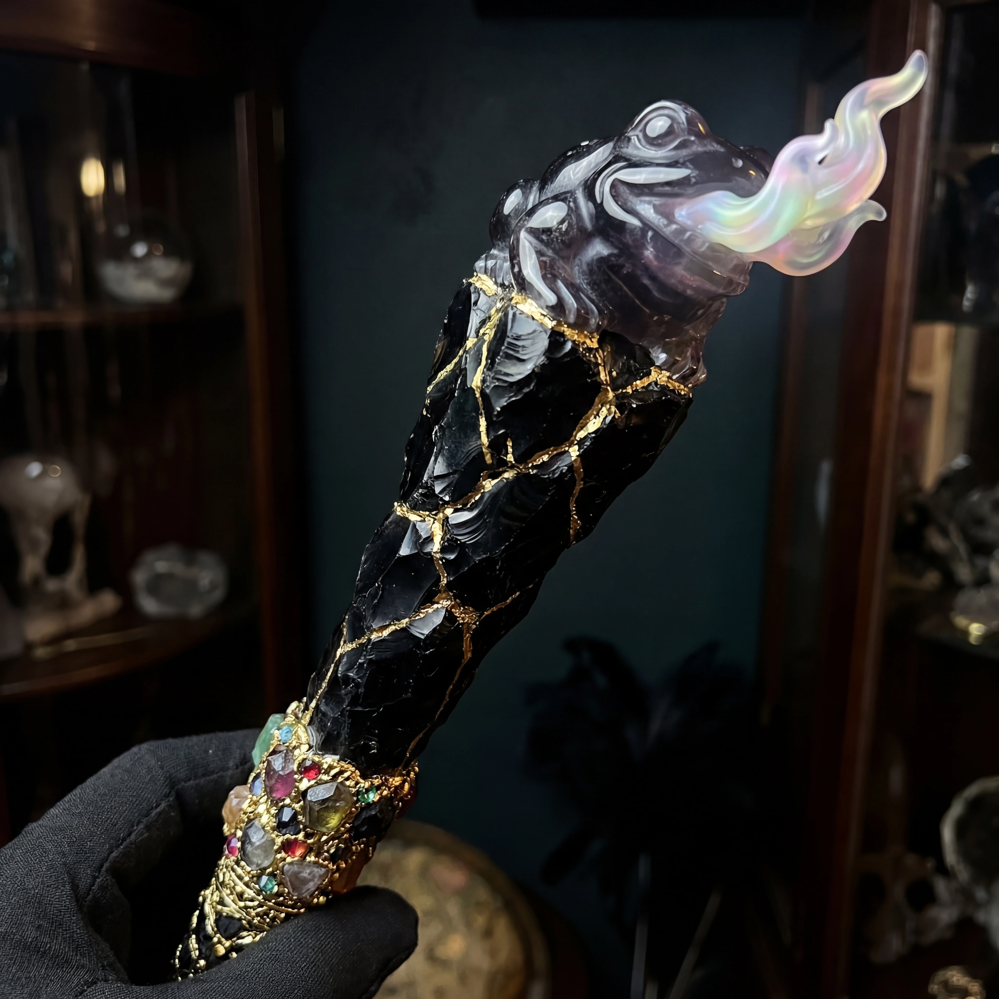 Playful obsidian scepter with grinning toad and candy flames