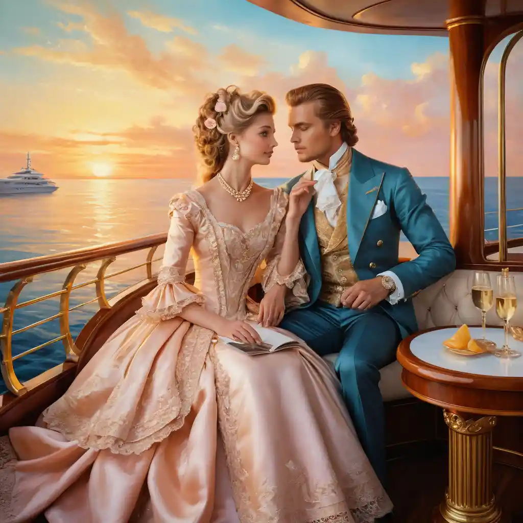 Romantisches Paar auf einer Luxusyacht bei leuchtendem Sonnenuntergang