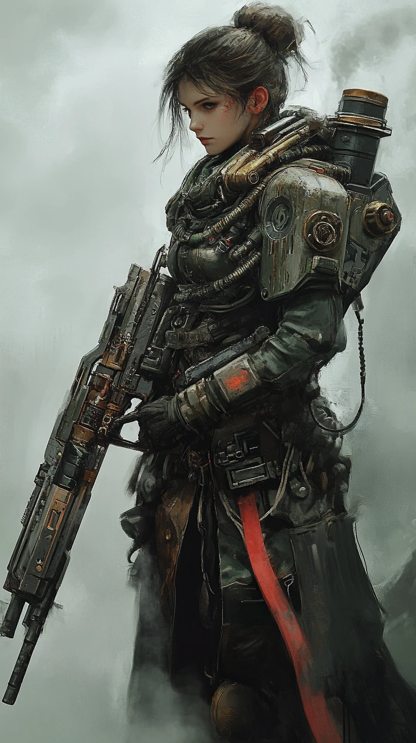 Anime warrior woman with steampunk armor and heavy machine gun