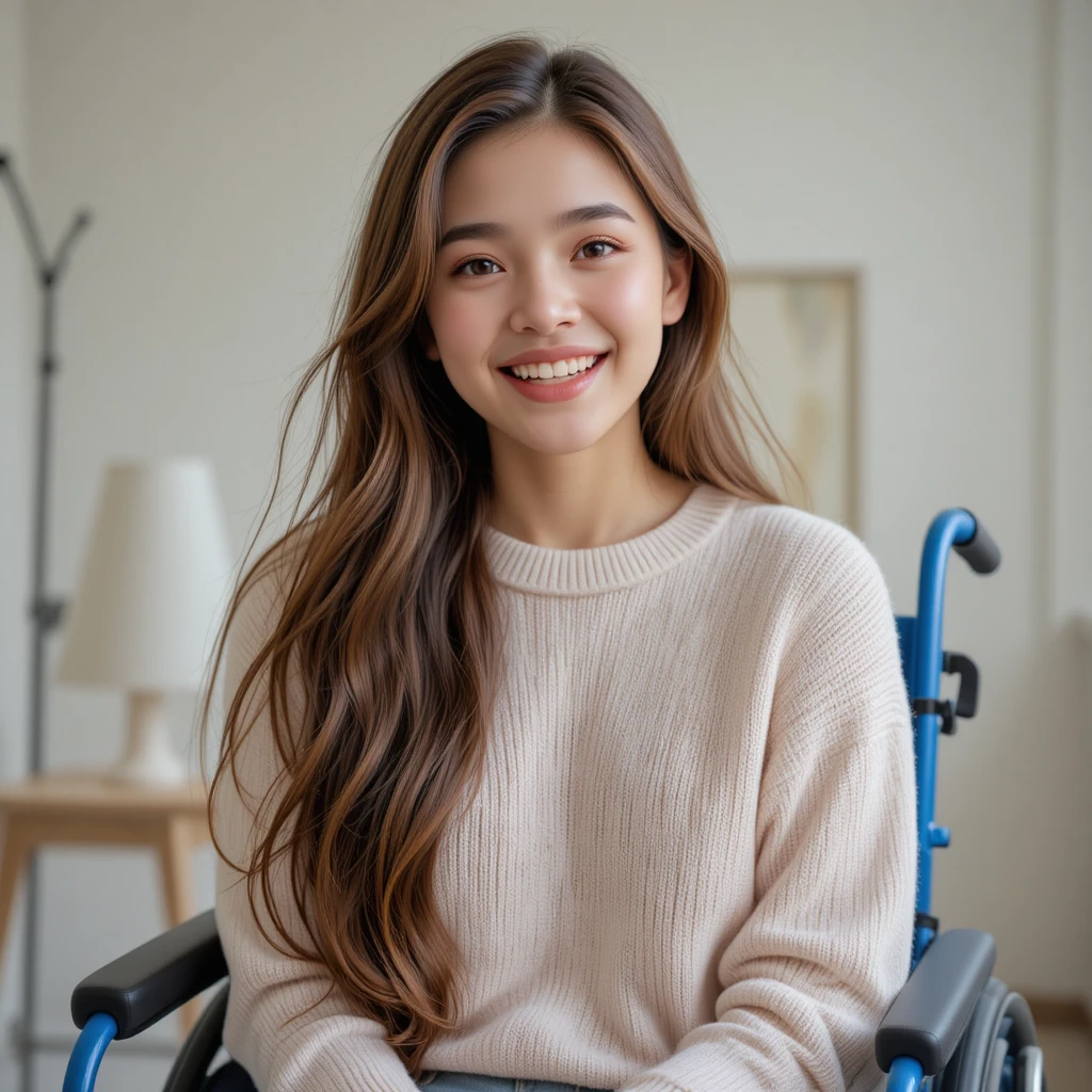 Smiling teenage girl in wheelchair in bright minimalist room