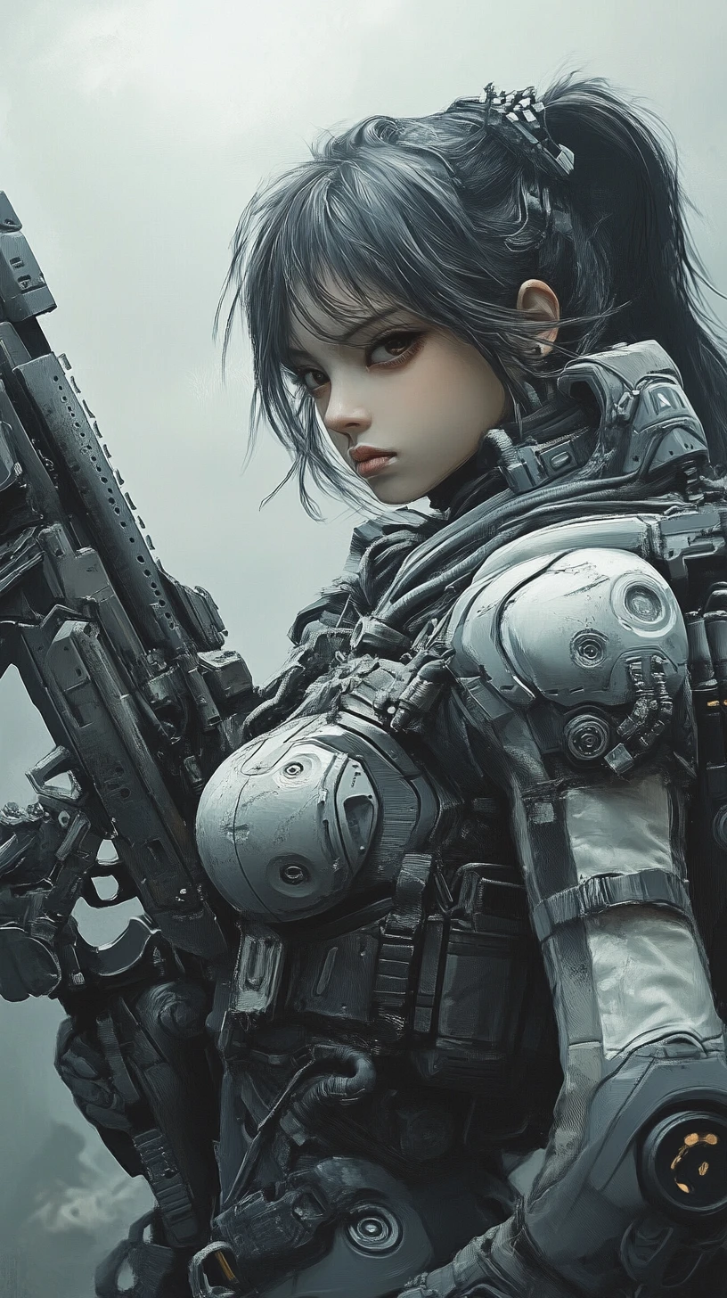 Ragazza soldato anime sci‑fi con mitragliatrice pesante nella nebbia