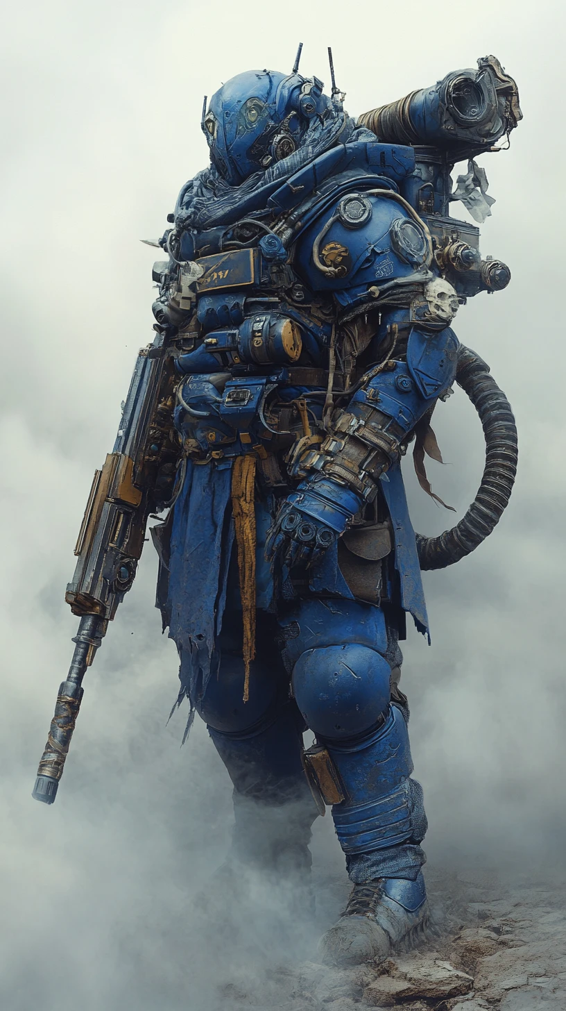 Soldado blindado de Warhammer en la niebla con una enorme ametralladora