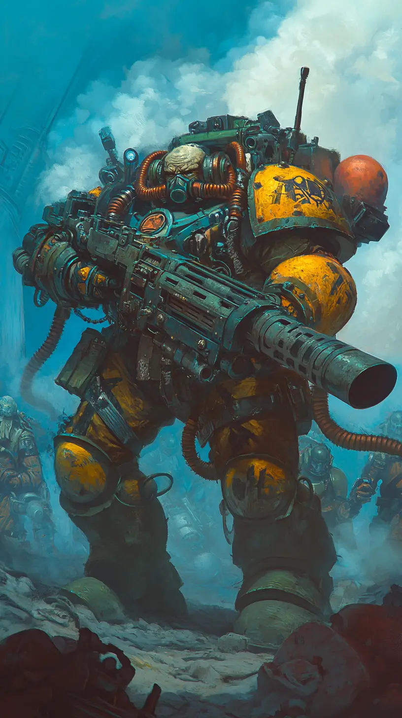 Heavily armed armored warriors emerging through war fog