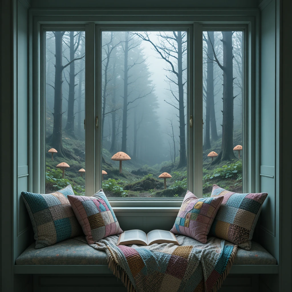 Cozy cottage window reading nook with misty forest view