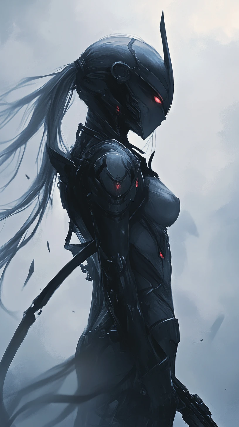 傷だらけの鎧の女戦士と仮面のアニメ風の顔