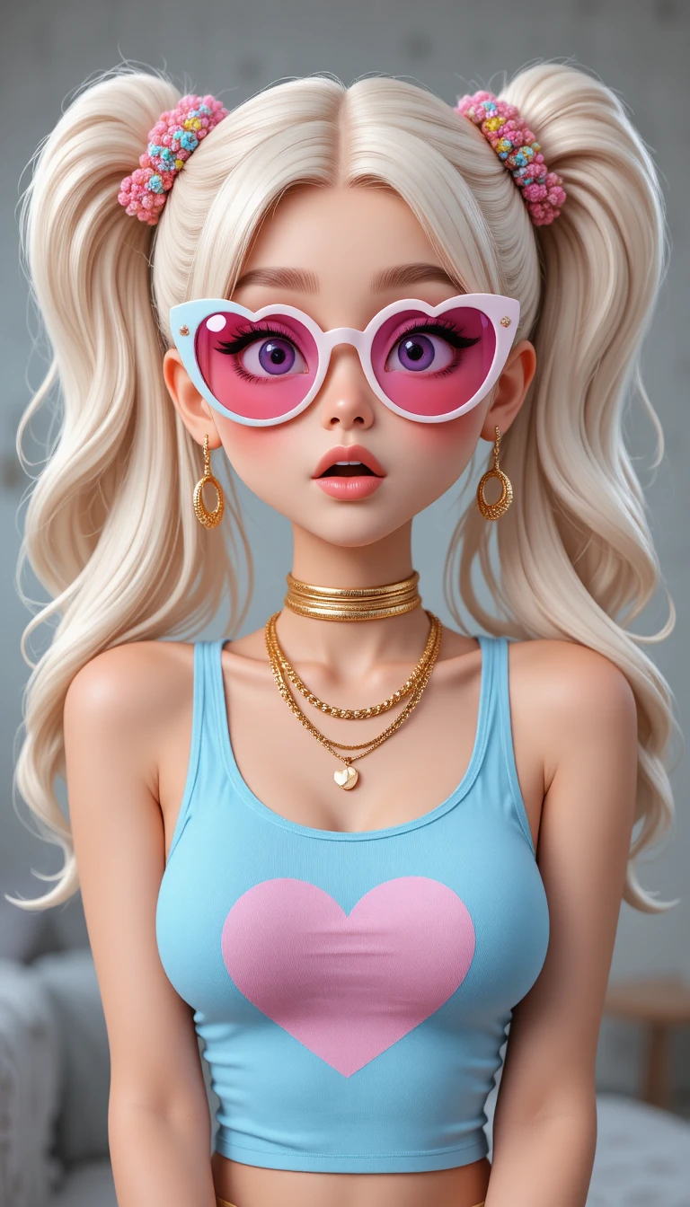 Stylish blonde girl with heart sunglasses and jewelry