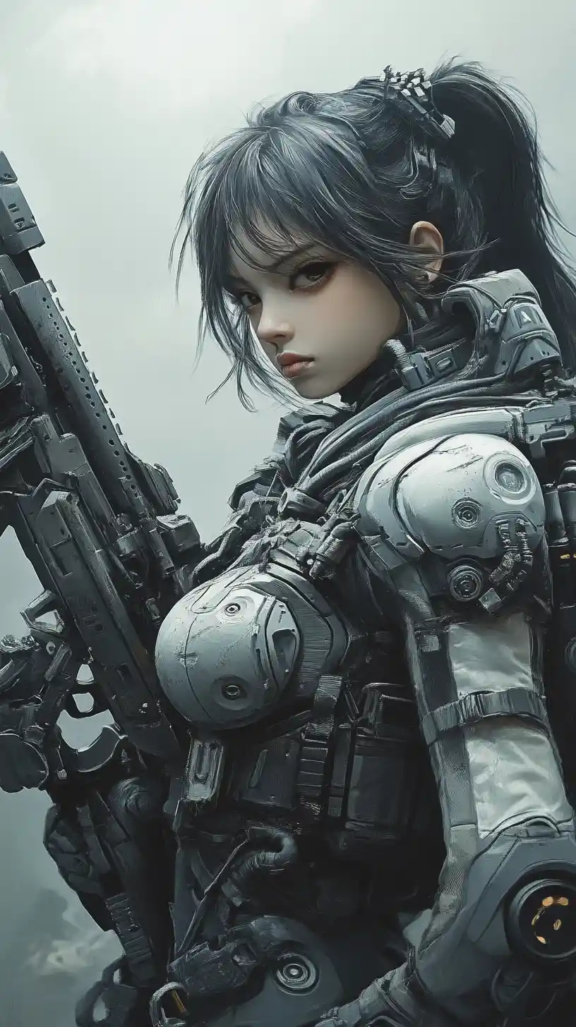 Ragazza soldato anime sci‑fi con mitragliatrice pesante nella nebbia