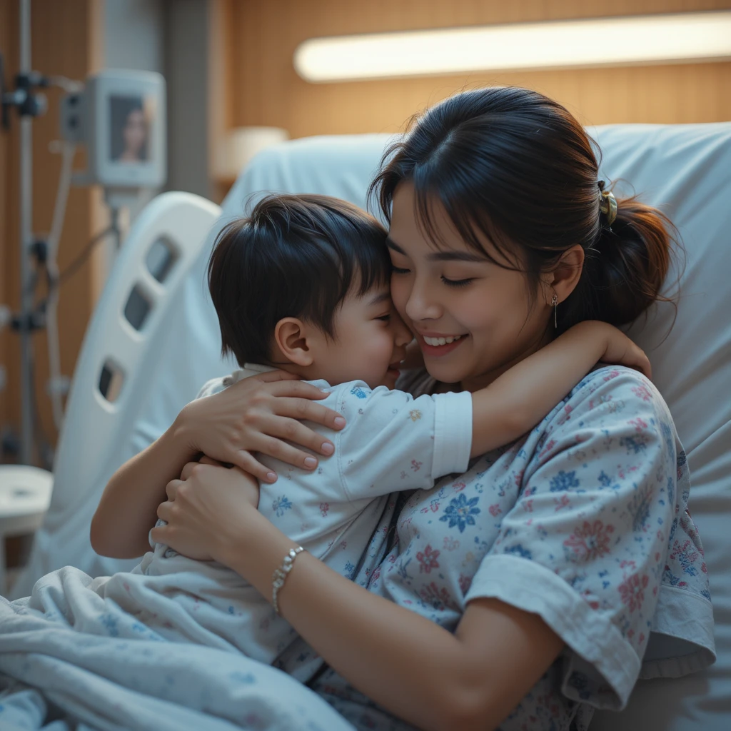 Madre che abbraccia il figlio in una calda stanza d’ospedale