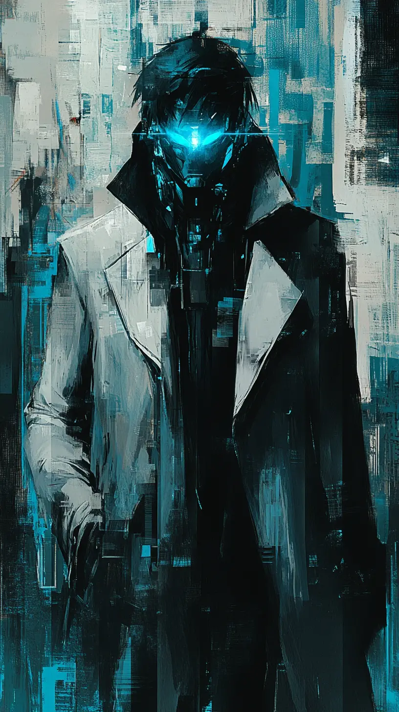 Cybernetic detective with glowing blue eye in neon city