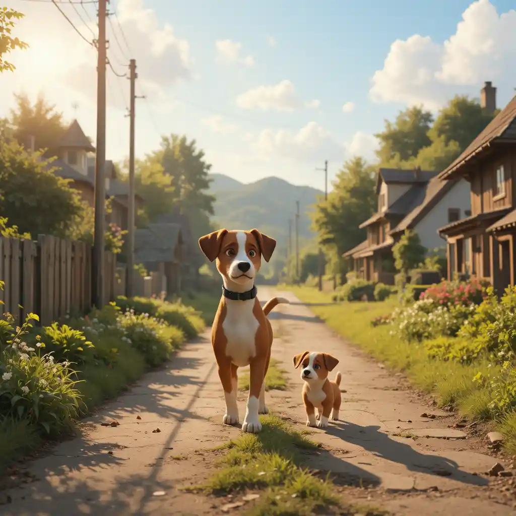 Chien et chiot marchant ensemble sur une route de village ensoleillée