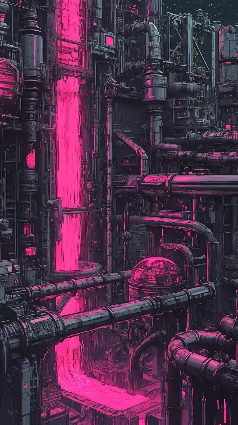 Immensа città industriale di tubi pieni di liquido rosa neon luminoso