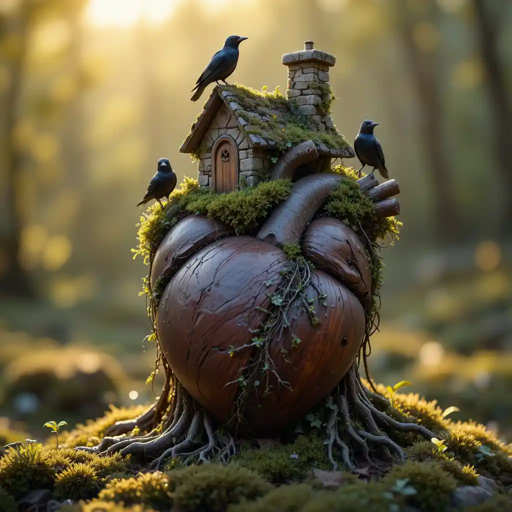 Piccolo cottage di pietra sopra un cuore umano di legno