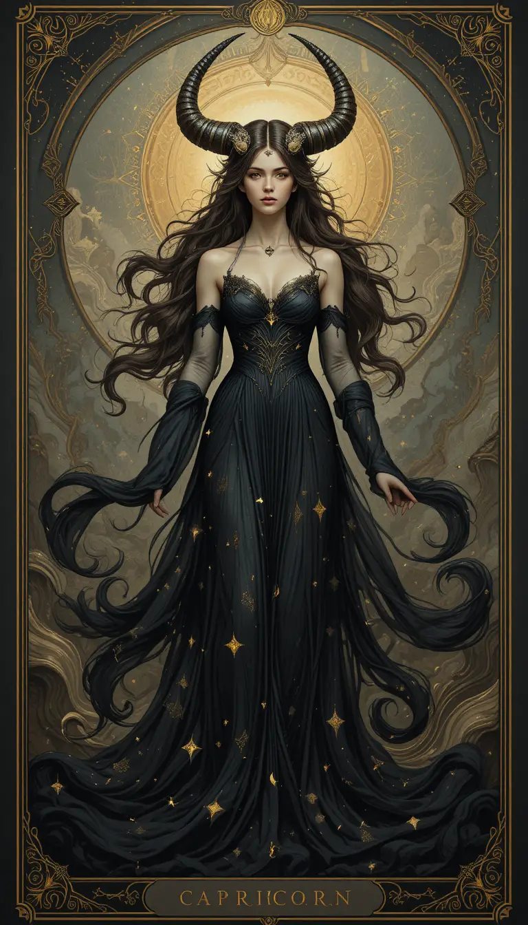 Mujer Capricornio mística en estilo de tarot en negro y dorado