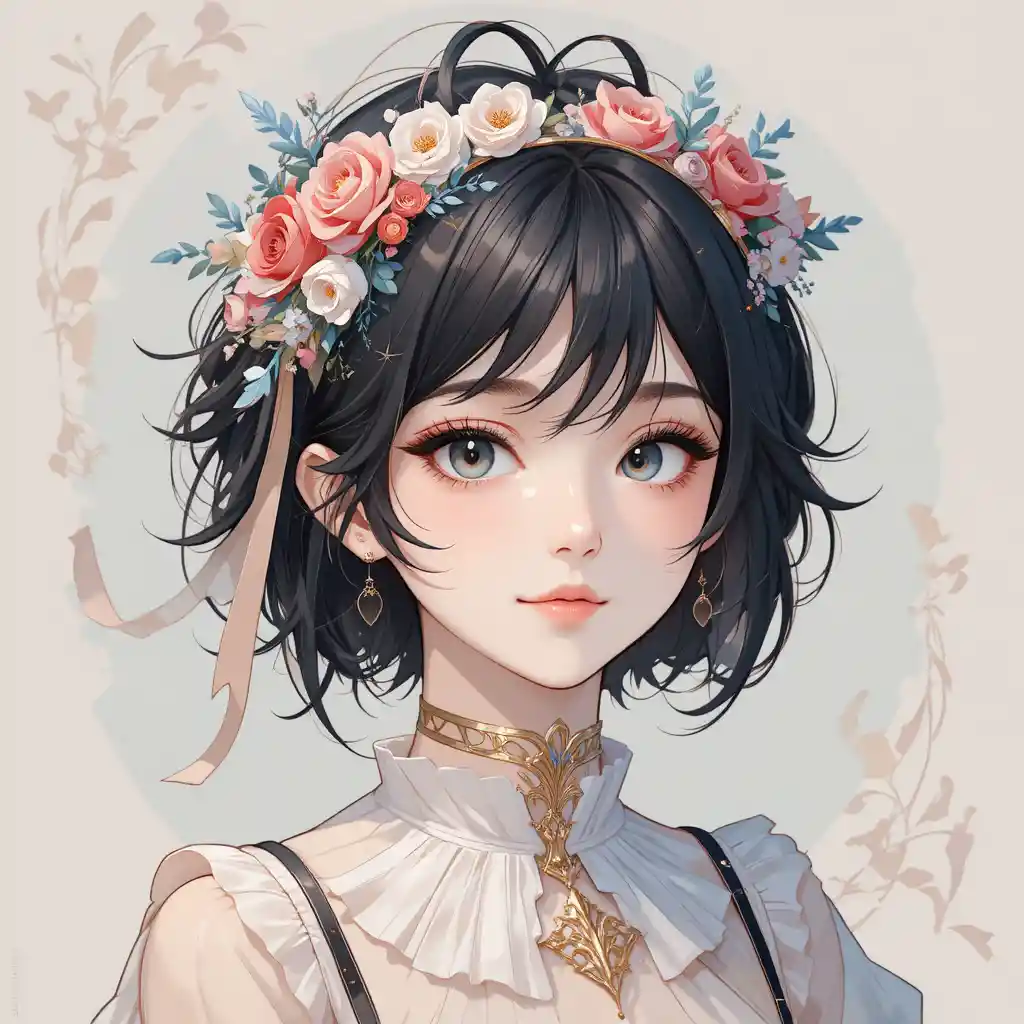Floral headband anime girl portrait with gentle smile