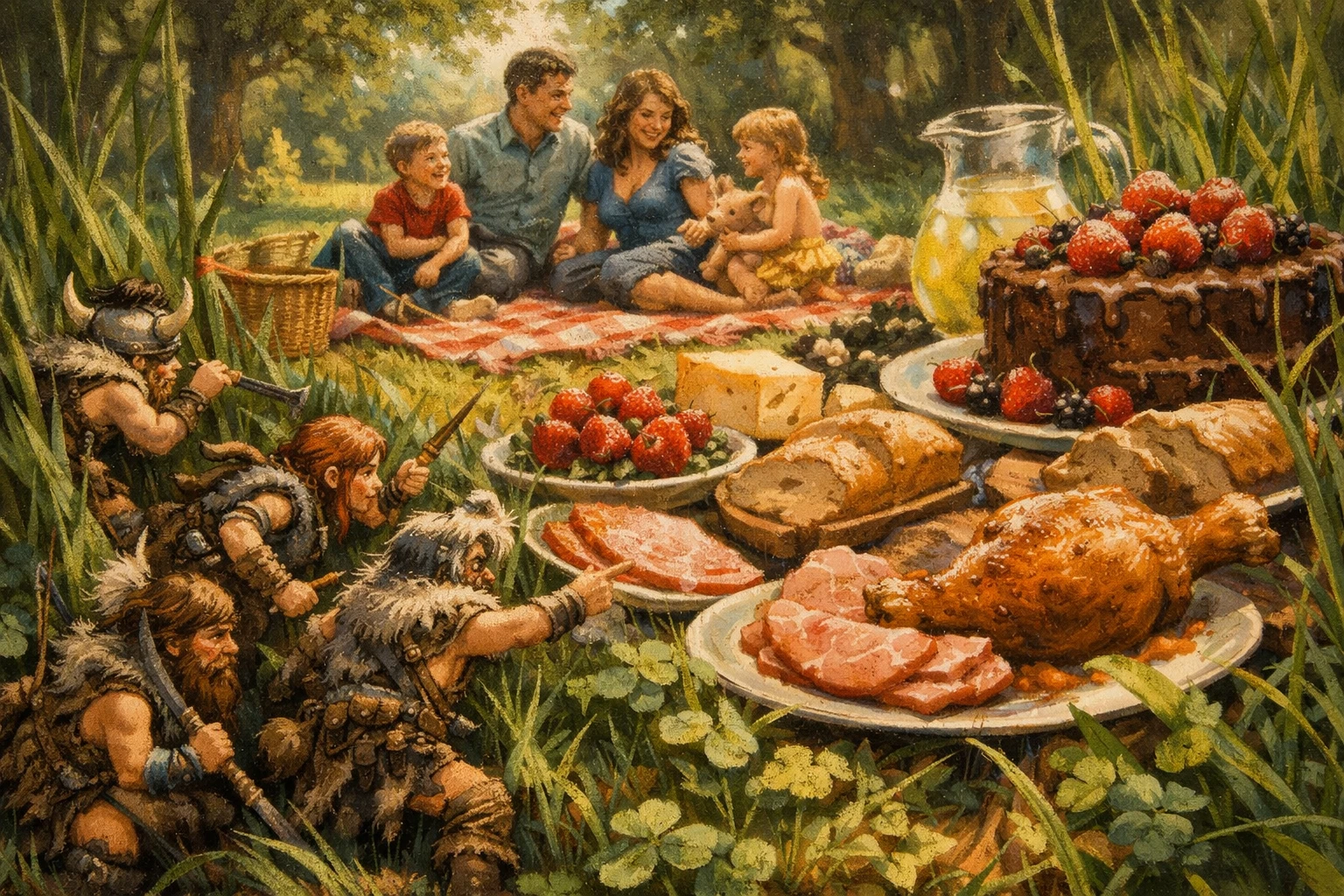 Minuscoli barbari nascosti nell’erba accanto a un picnic di famiglia