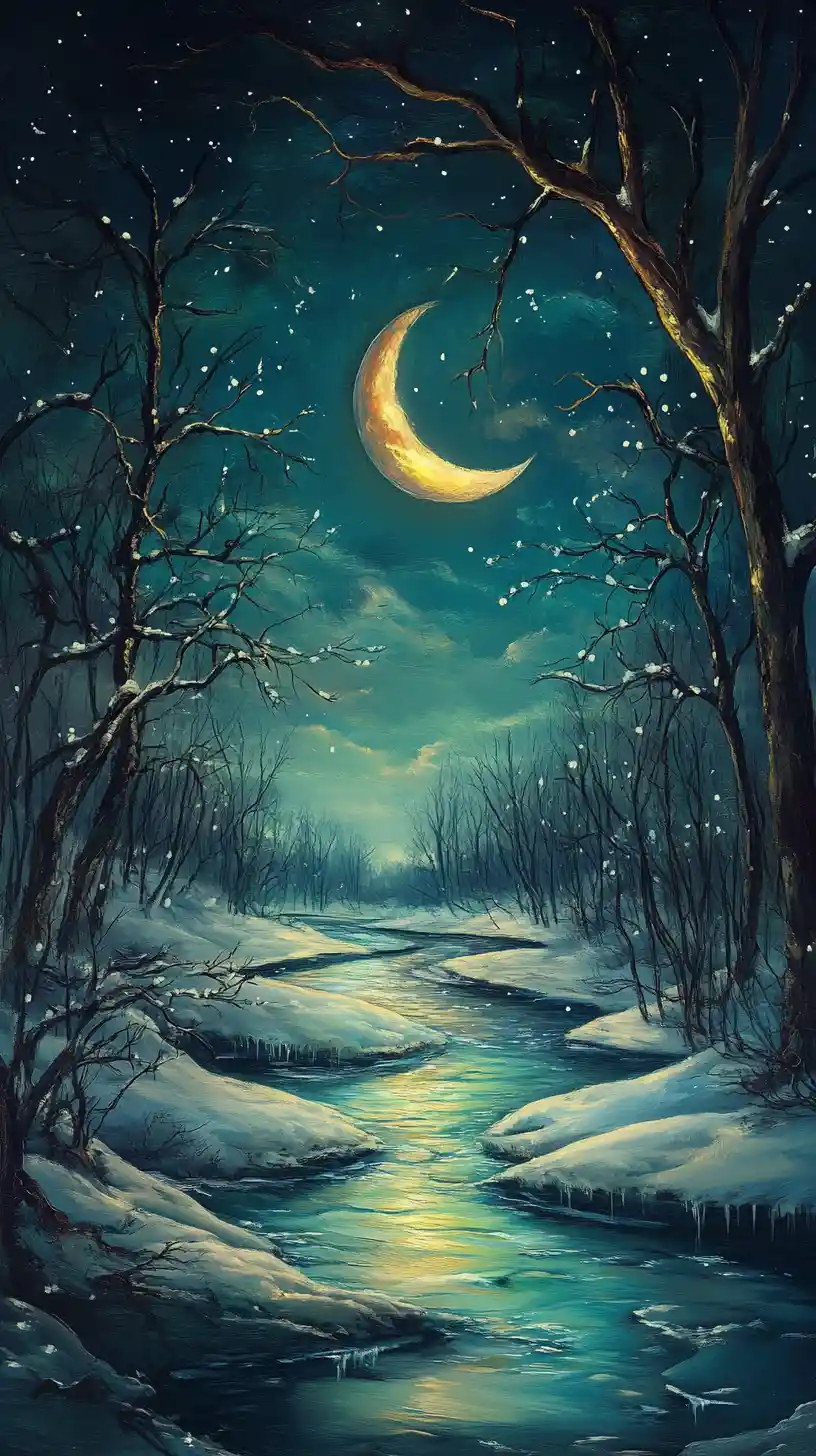 Crescent moon over a tranquil winter river landscape
