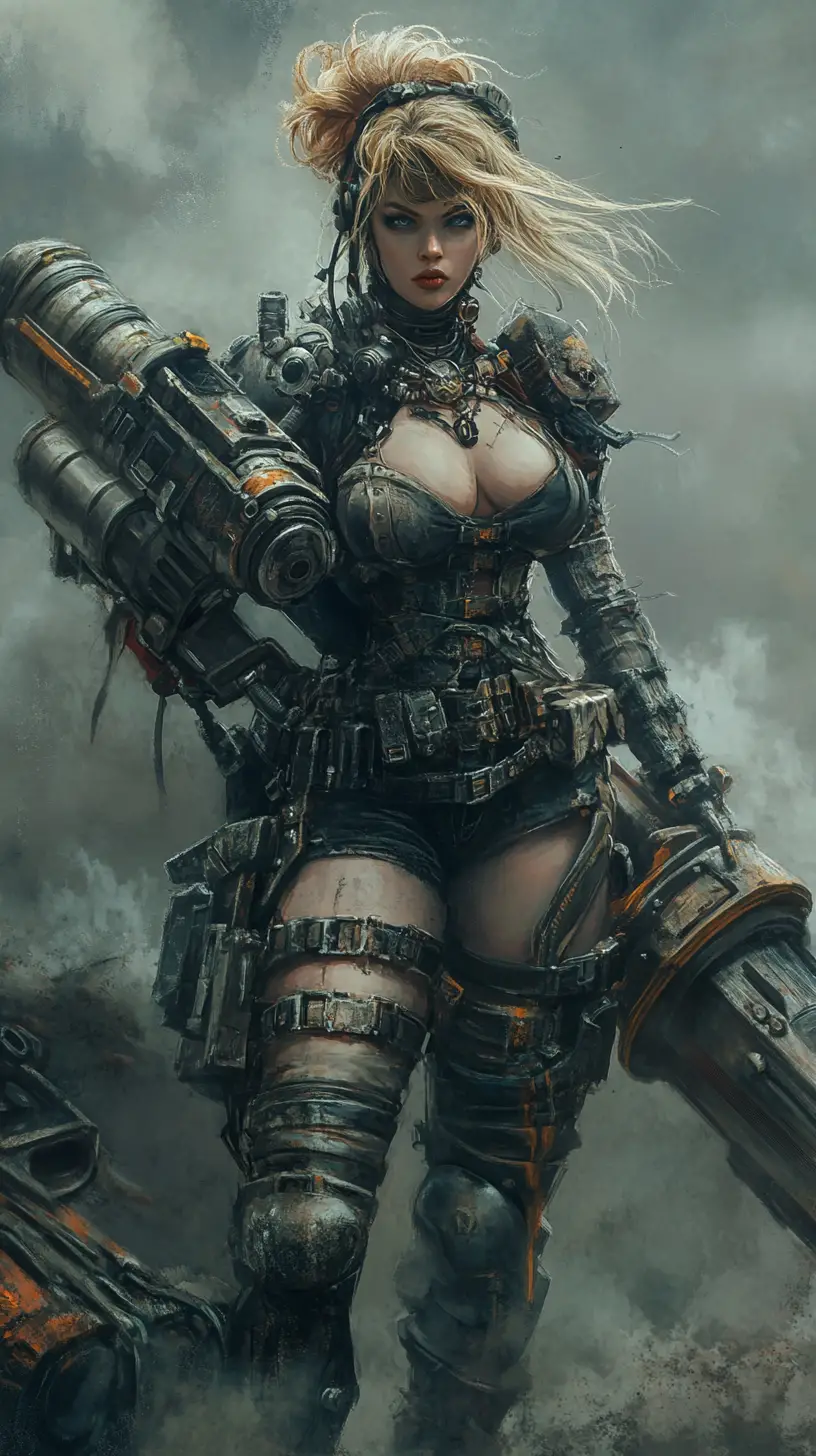 Steampunk warrior woman with massive machine gun in fog