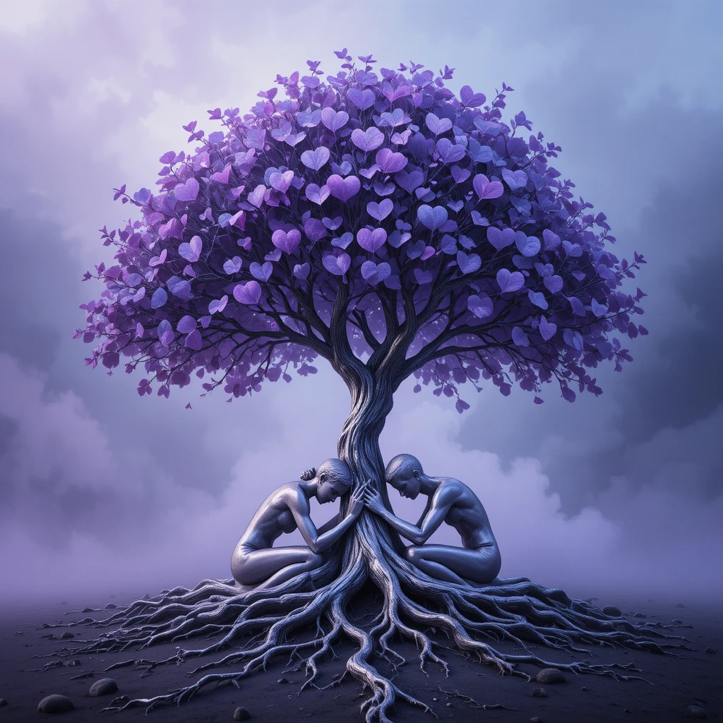 Silver tree with heart leaves and intertwined root figures