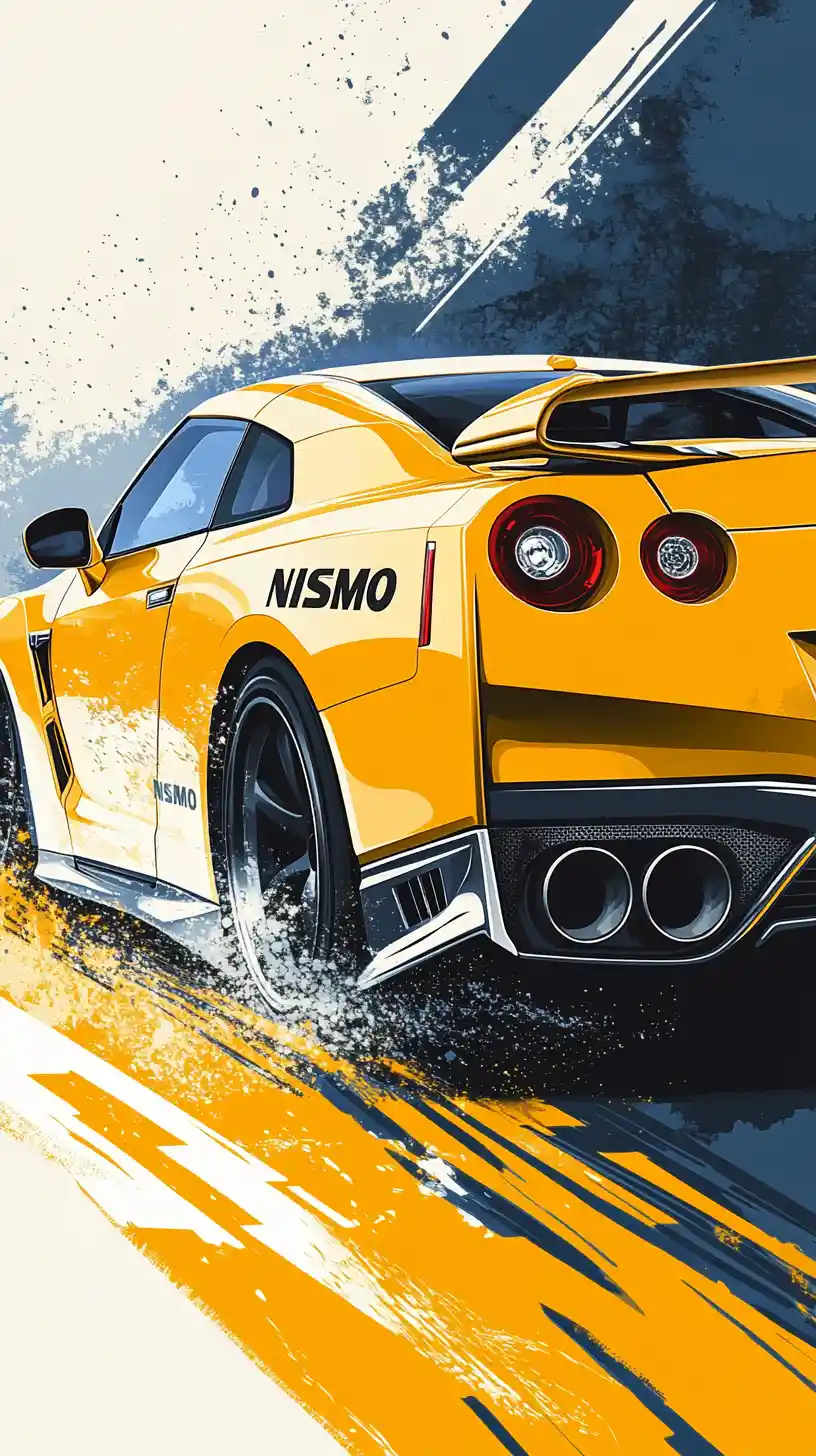 Auto sportiva da corsa gialla in una grintosa illustrazione pop