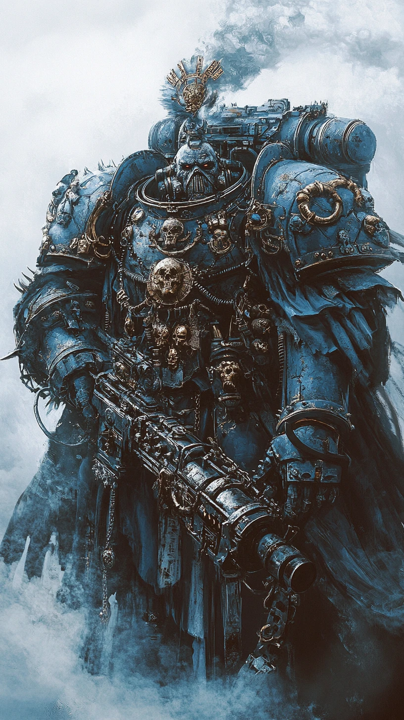 Soldato corazzato di Warhammer nella nebbia con mitragliatrice pesante
