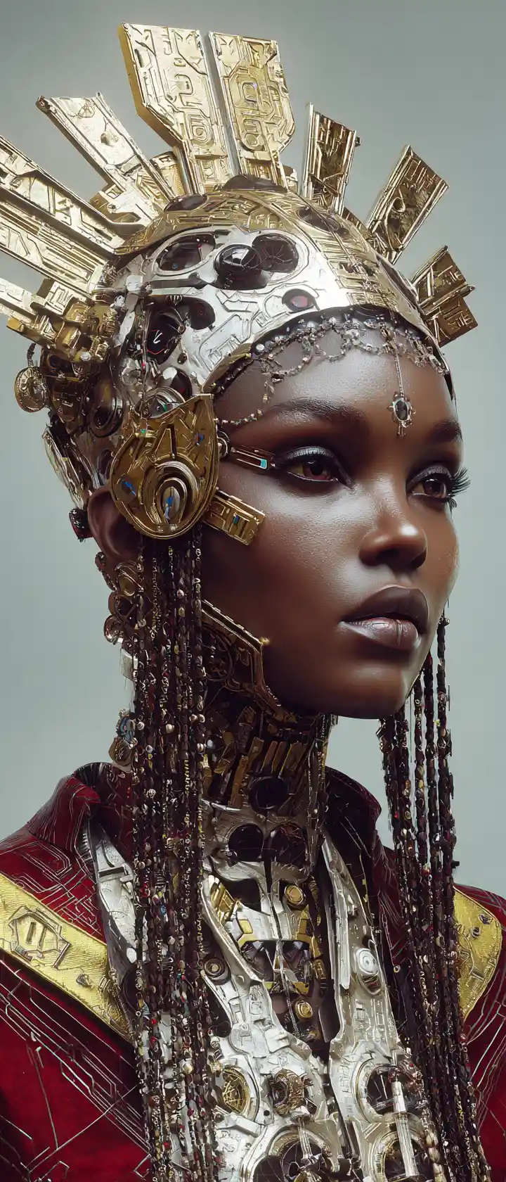 Afrofuturist cyborg queen with ornate cyberpunk headdress