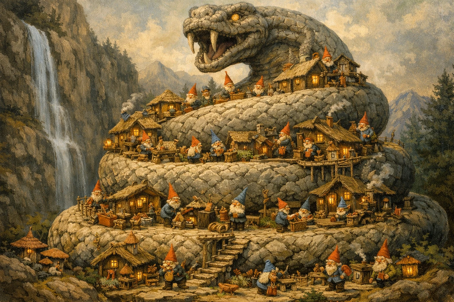 Gnome village winding through a colossal stone serpent