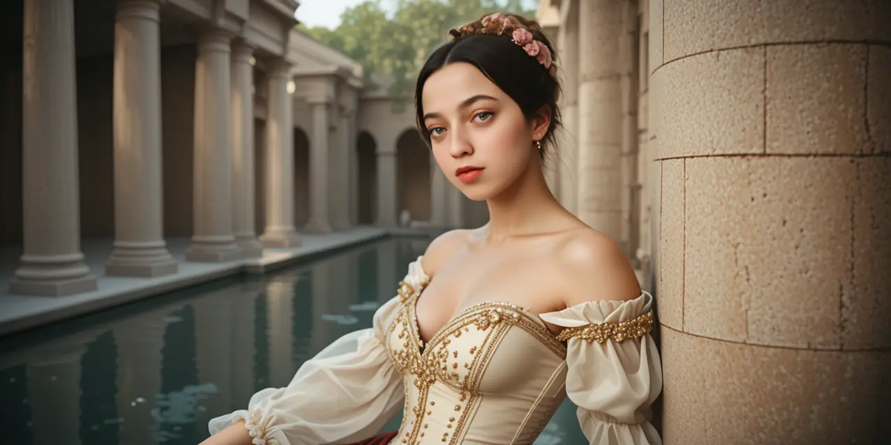 Blonde girl in ornate corset by classical outdoor columns