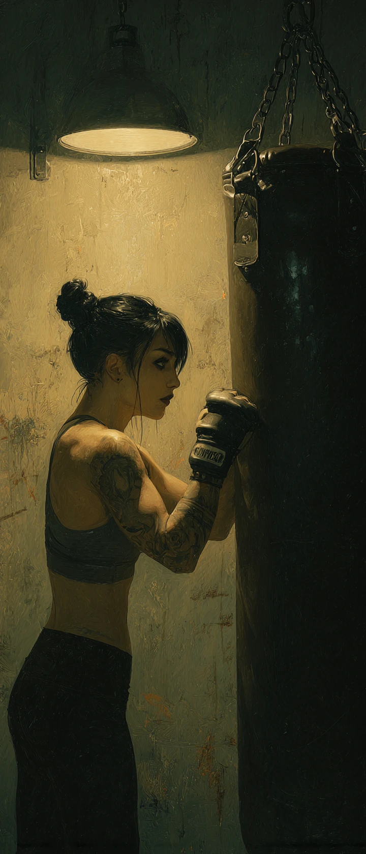 Goth woman training with punching bag in underground gym