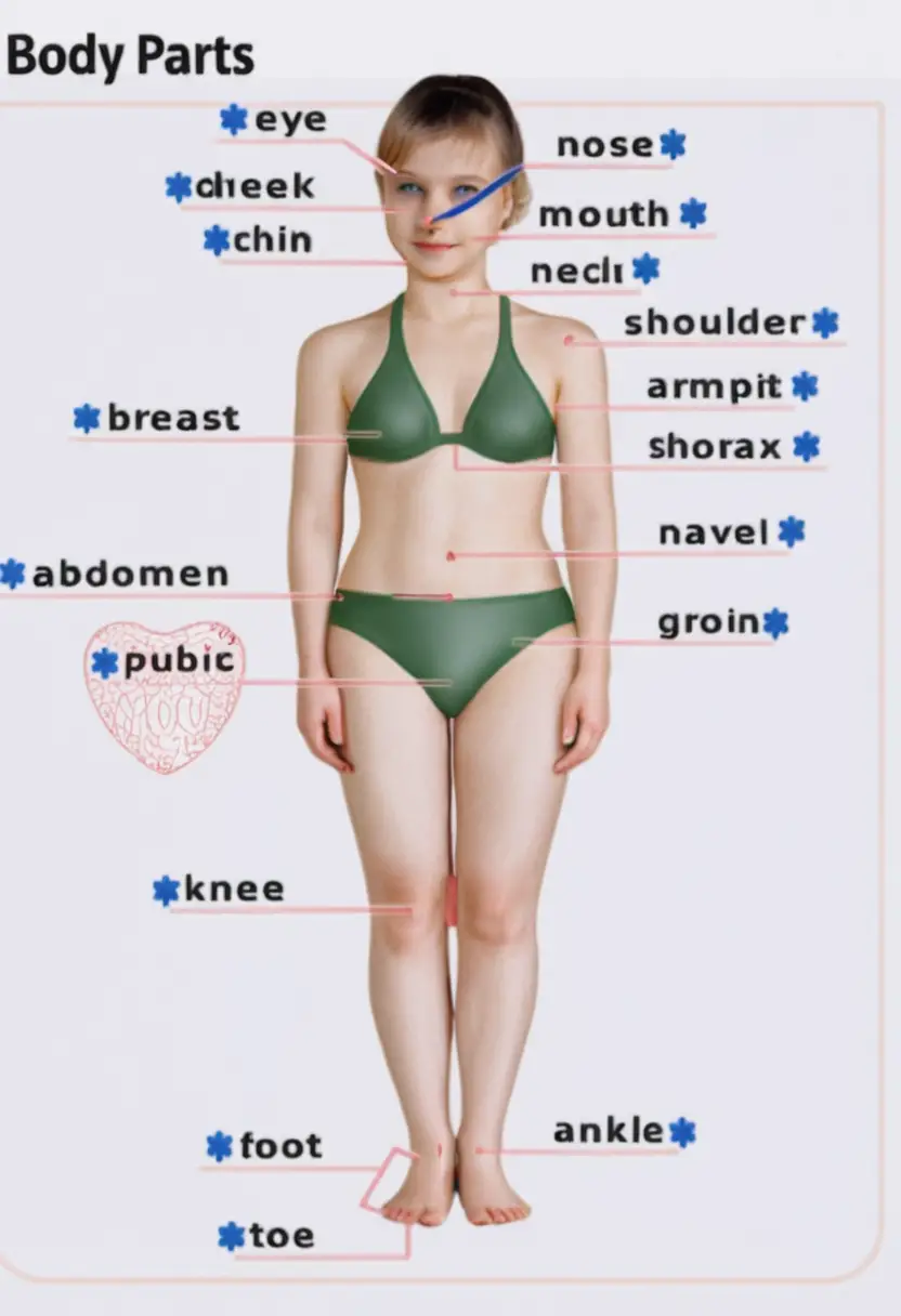 Labeled female body parts educational anatomy illustration