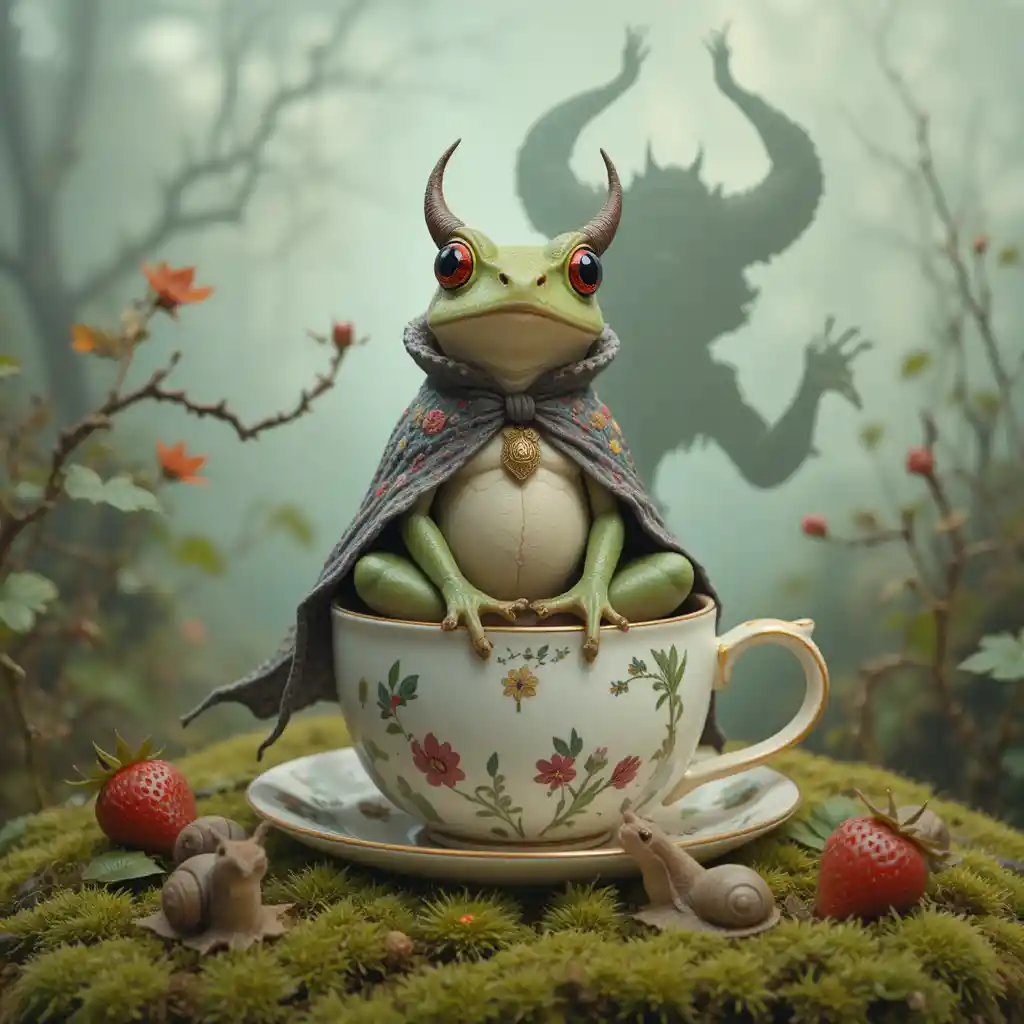 Frog On Teacup In Mossy Garden With Ominous Shadow
