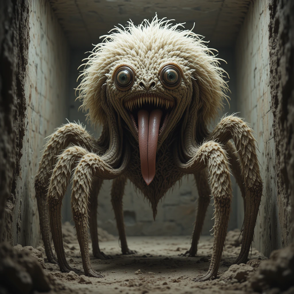 Großes vielgliedriges Monster steht allein in einem Bunker
