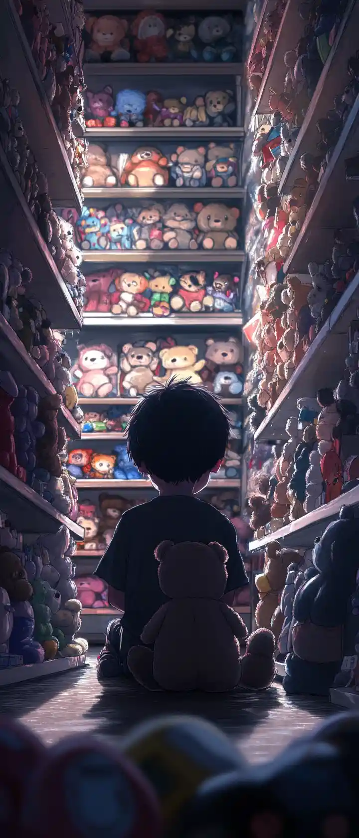 Niño pequeño abrazando un oso de peluche desgastado en una tienda de juguetes