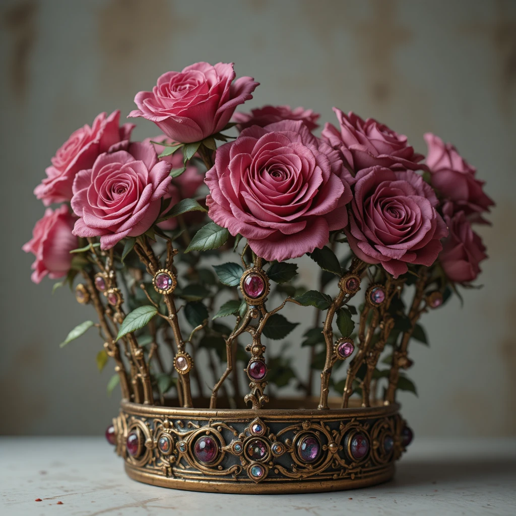 Krone aus Rosen und Dornen mit Vintage-Tiara aus Gold