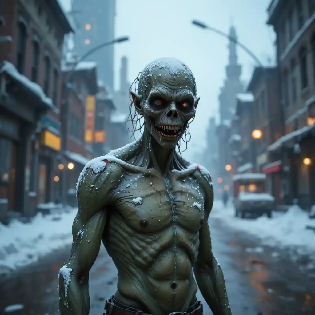 Ghoul selvagem vagando por uma rua congelada de cidade pós-apocalíptica