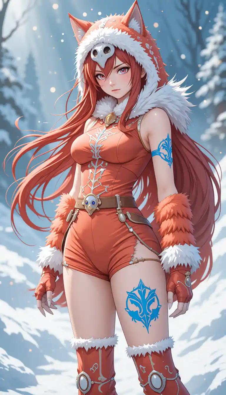 Anime warrior woman with crimson hair in snowy landscape