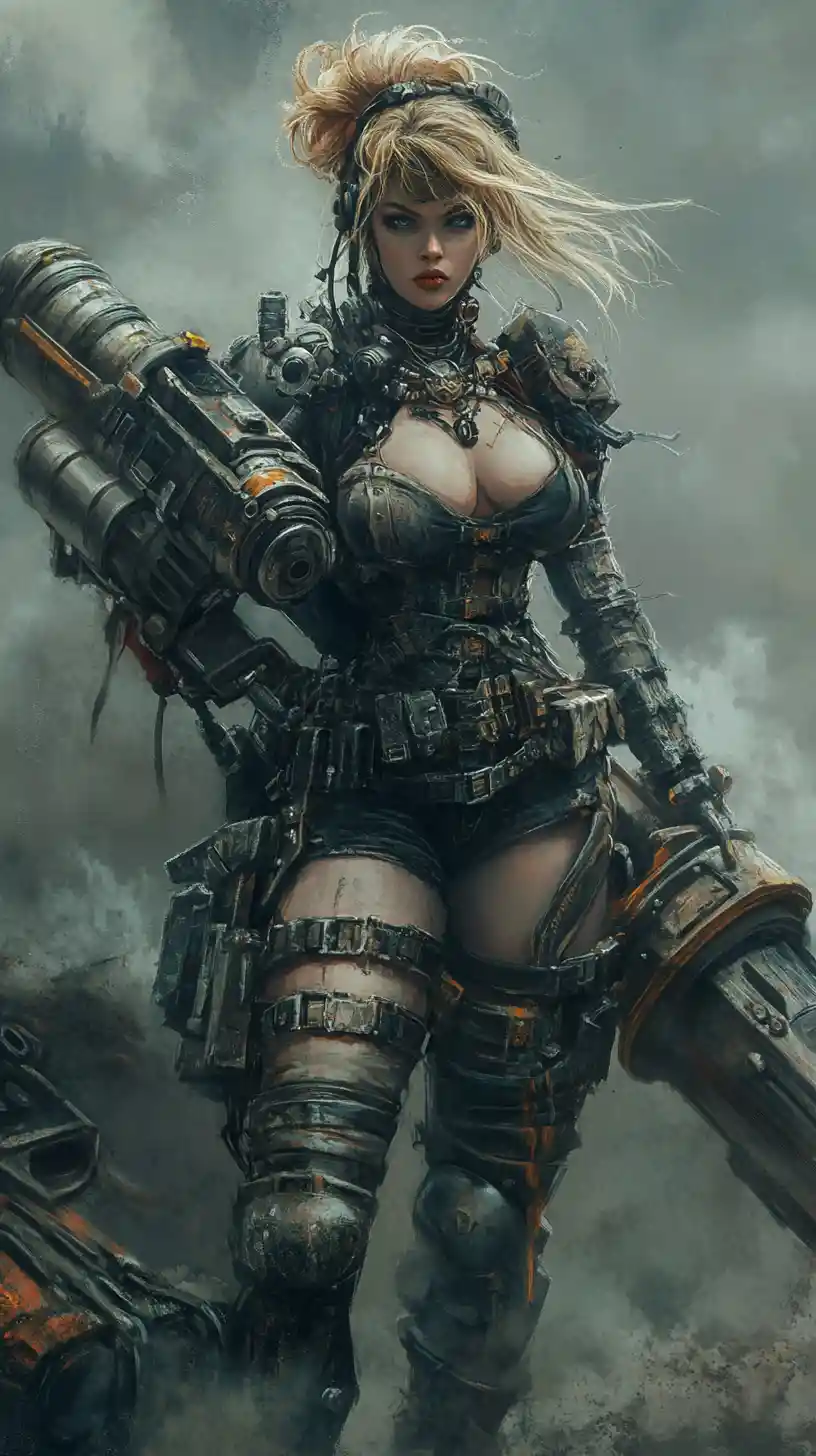 Steampunk warrior woman with massive machine gun in fog