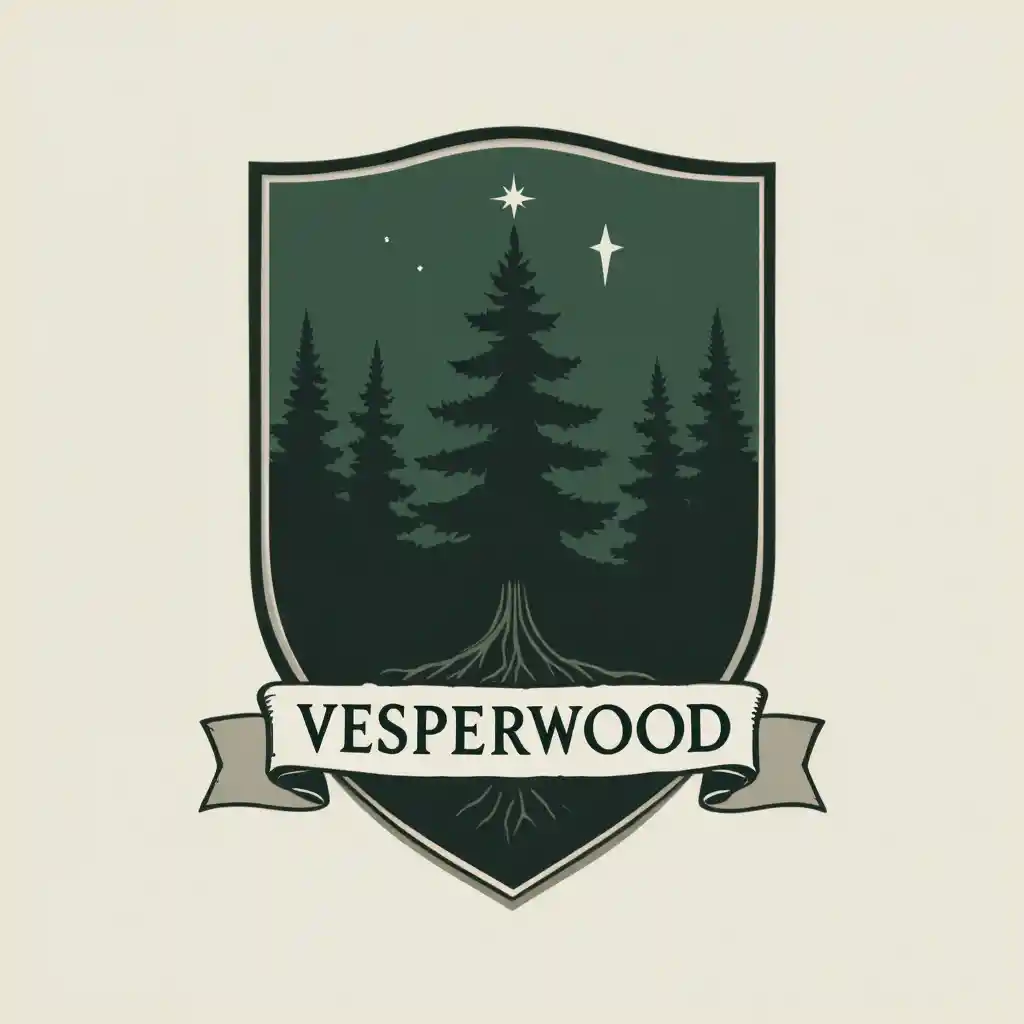 Green heraldic shield with pine tree and descending star emblem