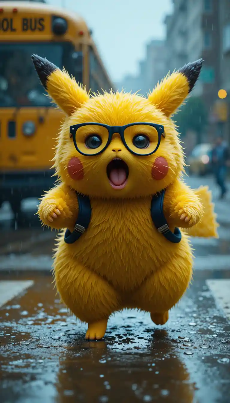 Wet fluffy student creature sprinting through rainy street